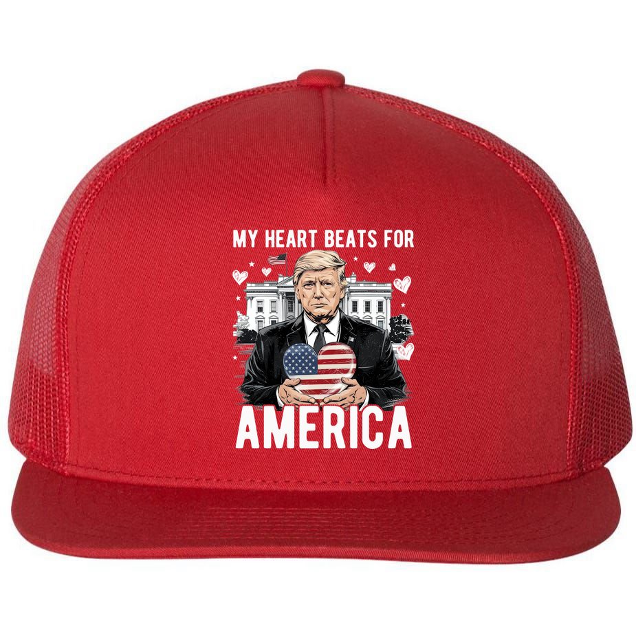 My Heart Beats For America Trump Valentines Day Flat Bill Trucker Hat