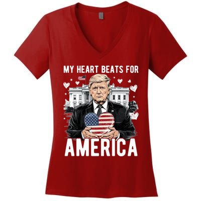 My Heart Beats For America Trump Valentines Day Women's V-Neck T-Shirt