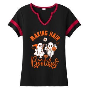 Making Hair Bootiful Funny Scary Ghost Hairdresser Halloween Ladies Halftime Notch Neck Tee