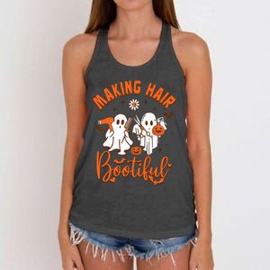 Making Hair Bootiful Funny Scary Ghost Hairdresser Halloween Women's Knotted Racerback Tank