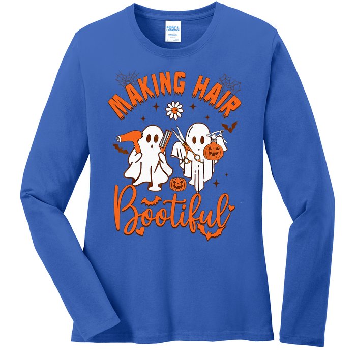 Making Hair Bootiful Funny Scary Ghost Hairdresser Halloween Ladies Long Sleeve Shirt