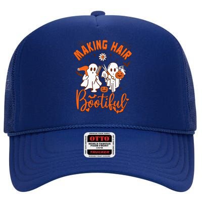 Making Hair Bootiful Funny Scary Ghost Hairdresser Halloween High Crown Mesh Back Trucker Hat