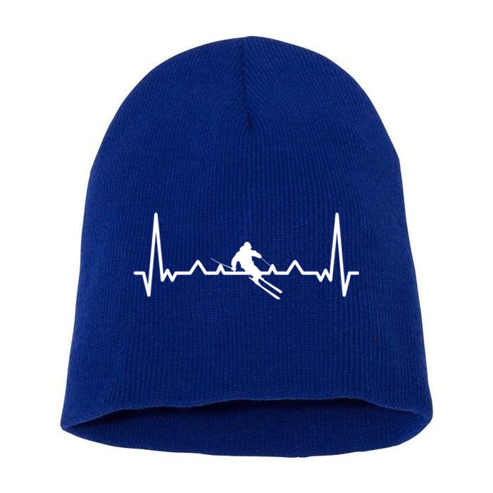 My Heart Beats For Skiing Winter Sport Heartbeat Fun Gift Short Acrylic Beanie