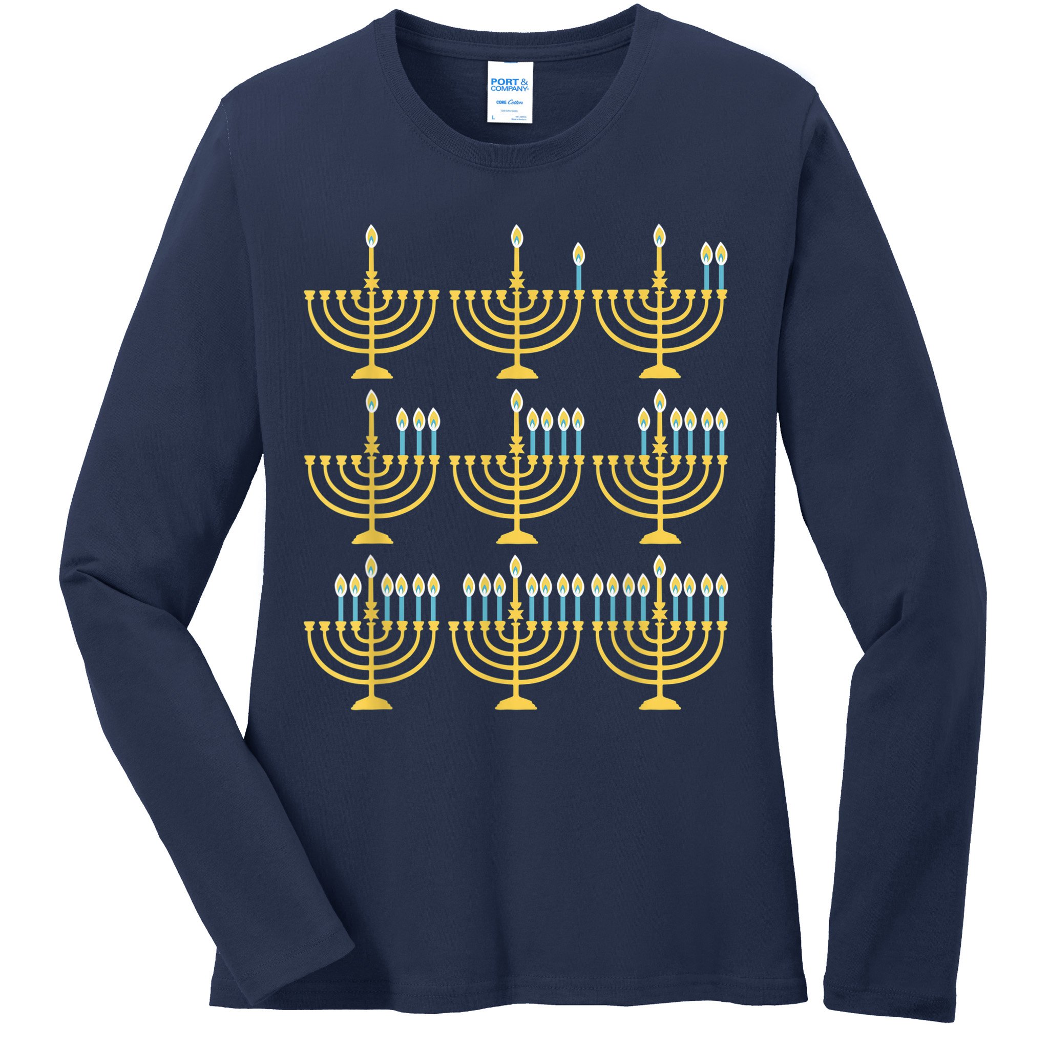 Menorah Hanukkah Challah Days Funny Pajama Family Matching Ladies Long Sleeve Shirt
