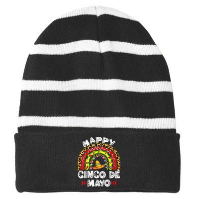 Mexican Happy Cinco De Mayo Rainbow Poncho Striped Beanie with Solid Band