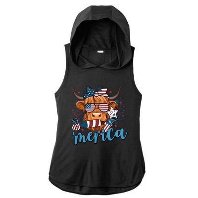 Merica Highland Cow 4th Of July Celebration Ladies PosiCharge Tri-Blend Wicking Draft Hoodie Tank