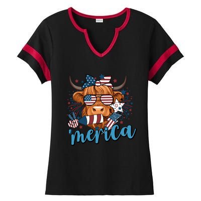 Merica Highland Cow 4th Of July Celebration Ladies Halftime Notch Neck Tee