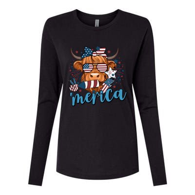 Merica Highland Cow 4th Of July Celebration Womens Cotton Relaxed Long Sleeve T-Shirt