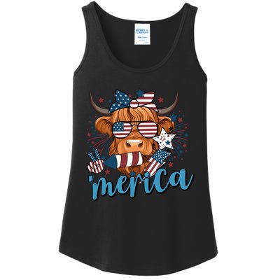 Merica Highland Cow 4th Of July Celebration Ladies Essential Tank