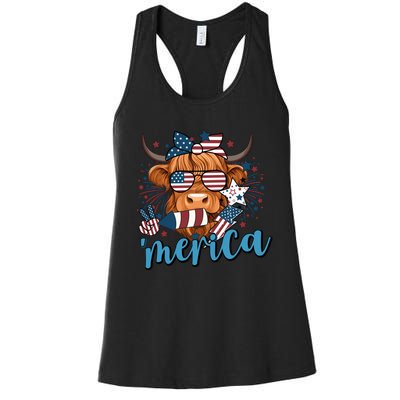 Merica Highland Cow 4th Of July Celebration Women's Racerback Tank