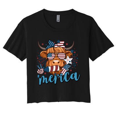 Merica Highland Cow 4th Of July Celebration Women's Crop Top Tee