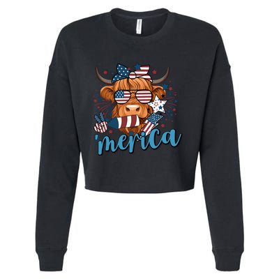 Merica Highland Cow 4th Of July Celebration Cropped Pullover Crew