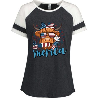 Merica Highland Cow 4th Of July Celebration Enza Ladies Jersey Colorblock Tee