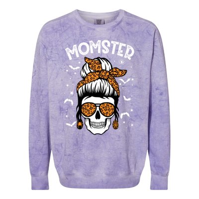 Momster Halloween Costume Skull Mom Messy Hair Bun Monster Gift Colorblast Crewneck Sweatshirt