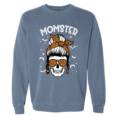 Momster Halloween Costume Skull Mom Messy Hair Bun Monster Gift Garment-Dyed Sweatshirt