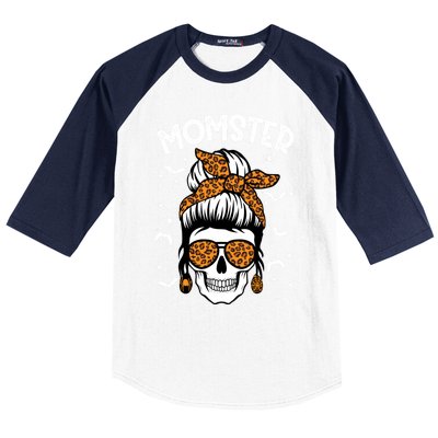 Momster Halloween Costume Skull Mom Messy Hair Bun Monster Gift Baseball Sleeve Shirt