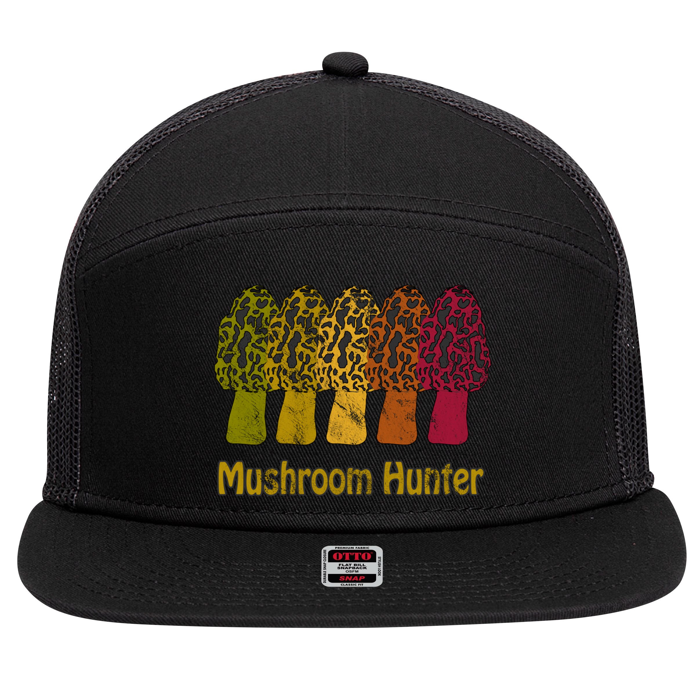 Mushroom Hunter Cute Gift Fun Morel Hunting Distressed Look Gift 7 Panel Mesh Trucker Snapback Hat