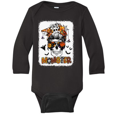 Momster Halloween Costume Skull Mom Messy Hair Bun Monster Baby Long Sleeve Bodysuit