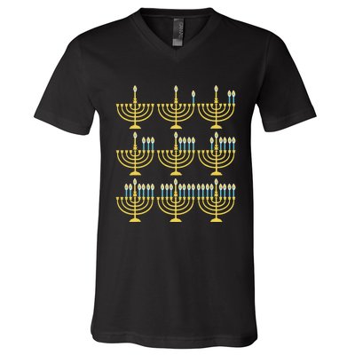 Menorah Hanukkah Challah Days Funny Pajama Family Matching  V-Neck T-Shirt