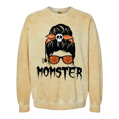 Momster Halloween Costume Skull Mom Messy Hair Bun Monster Colorblast Crewneck Sweatshirt