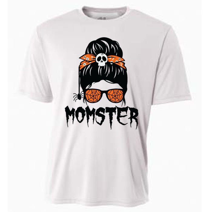 Momster Halloween Costume Skull Mom Messy Hair Bun Monster Cooling Performance Crew T-Shirt