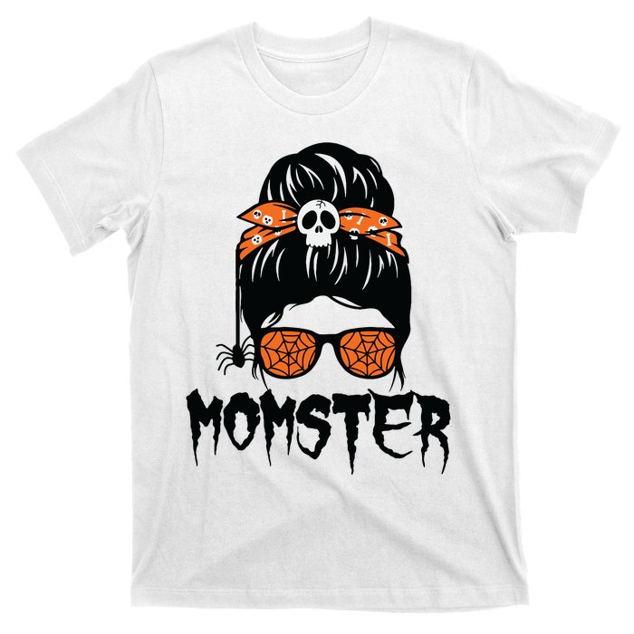 Momster Halloween Costume Skull Mom Messy Hair Bun Monster T-Shirt