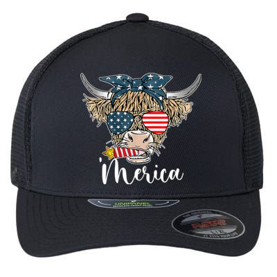 Merica Highland Cow With Bandana Patriotic 4th Of July Flexfit Unipanel Trucker Cap