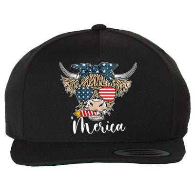 Merica Highland Cow With Bandana Patriotic 4th Of July Wool Snapback Cap