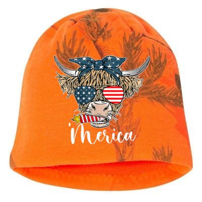 Merica Highland Cow With Bandana Patriotic 4th Of July Kati - Camo Knit Beanie