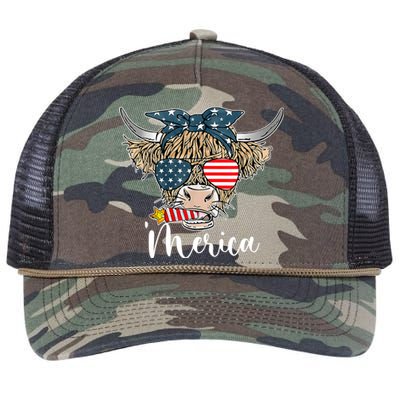 Merica Highland Cow With Bandana Patriotic 4th Of July Retro Rope Trucker Hat Cap