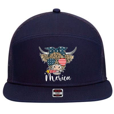 Merica Highland Cow With Bandana Patriotic 4th Of July 7 Panel Mesh Trucker Snapback Hat