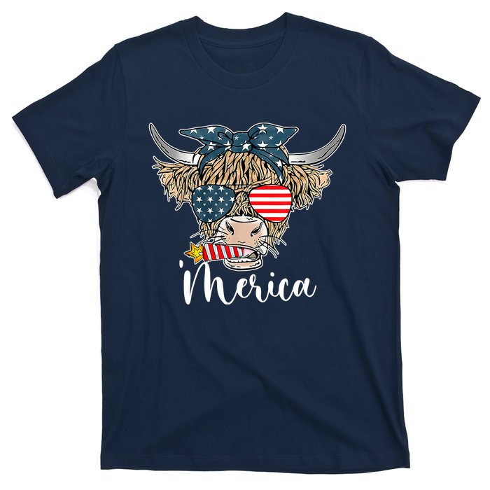 Merica Highland Cow With Bandana Patriotic 4th Of July T-Shirt