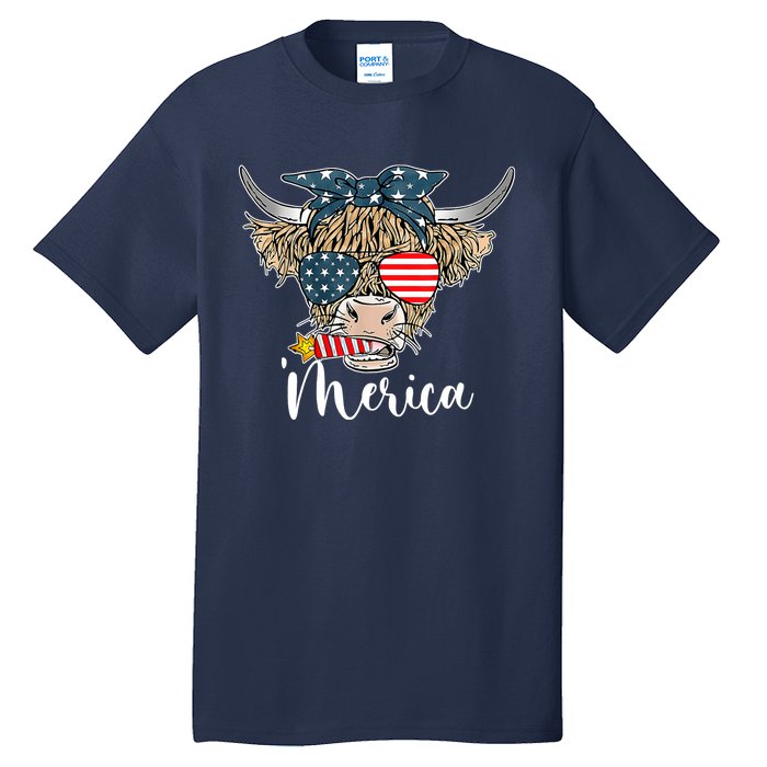 Merica Highland Cow With Bandana Patriotic 4th Of July Tall T-Shirt