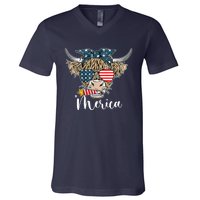 Merica Highland Cow With Bandana Patriotic 4th Of July V-Neck T-Shirt