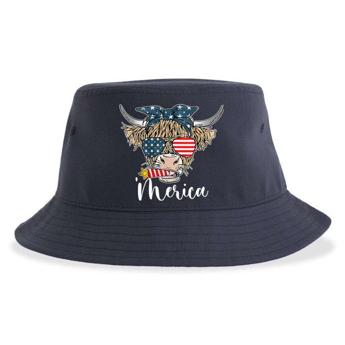 Merica Highland Cow With Bandana Patriotic 4th Of July Sustainable Bucket Hat