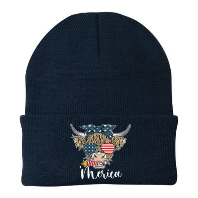 Merica Highland Cow With Bandana Patriotic 4th Of July Knit Cap Winter Beanie