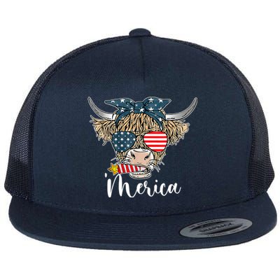 Merica Highland Cow With Bandana Patriotic 4th Of July Flat Bill Trucker Hat