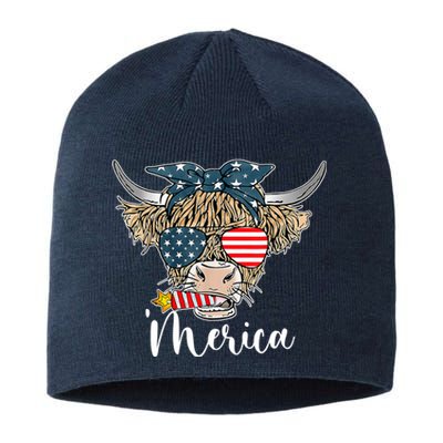 Merica Highland Cow With Bandana Patriotic 4th Of July Sustainable Beanie