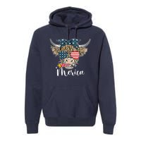 Merica Highland Cow With Bandana Patriotic 4th Of July Premium Hoodie