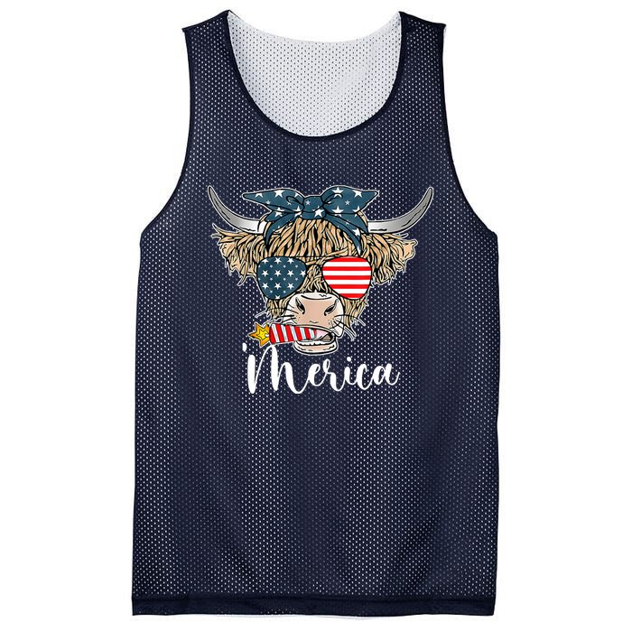 Merica Highland Cow With Bandana Patriotic 4th Of July Mesh Reversible Basketball Jersey Tank