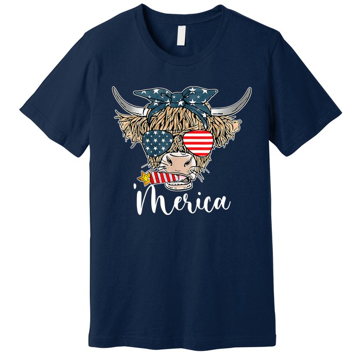 Merica Highland Cow With Bandana Patriotic 4th Of July Premium T-Shirt