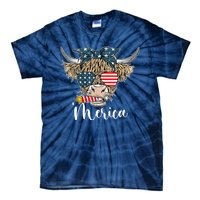 Merica Highland Cow With Bandana Patriotic 4th Of July Tie-Dye T-Shirt