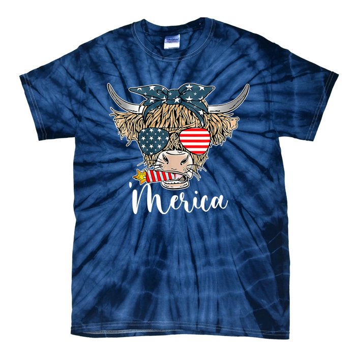 Merica Highland Cow With Bandana Patriotic 4th Of July Tie-Dye T-Shirt