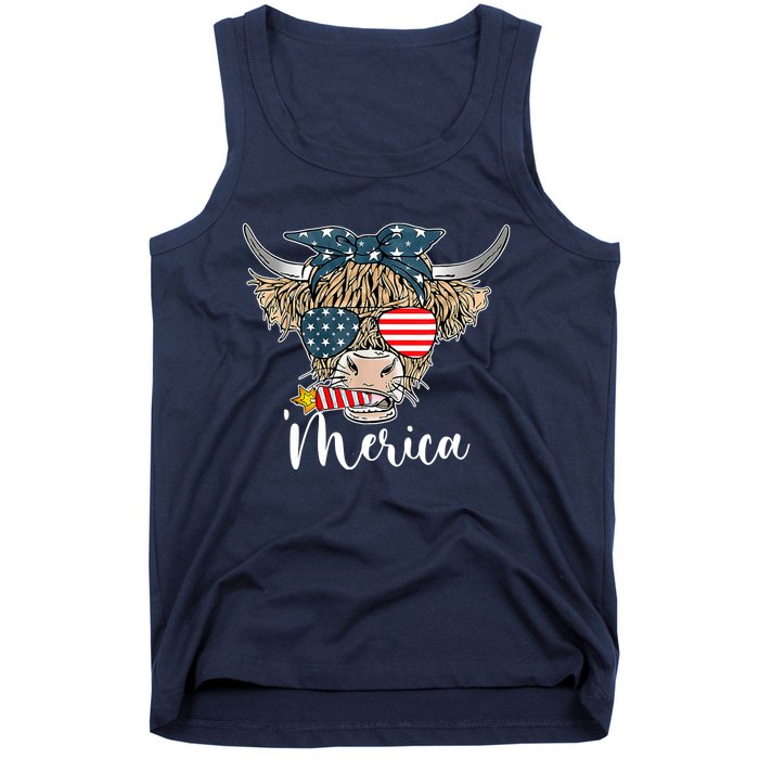 Merica Highland Cow With Bandana Patriotic 4th Of July Tank Top