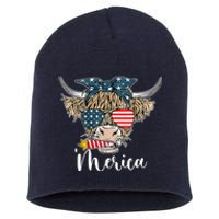 Merica Highland Cow With Bandana Patriotic 4th Of July Short Acrylic Beanie