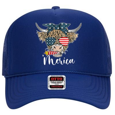 Merica Highland Cow With Bandana Patriotic 4th Of July High Crown Mesh Back Trucker Hat