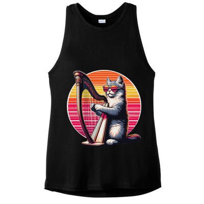 Musician Harpist Cat Wearing Sunglasses Cat Playing Harp Ladies PosiCharge Tri-Blend Wicking Tank