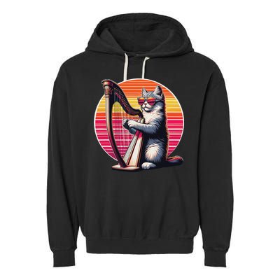 Musician Harpist Cat Wearing Sunglasses Cat Playing Harp Garment-Dyed Fleece Hoodie