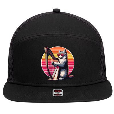Musician Harpist Cat Wearing Sunglasses Cat Playing Harp 7 Panel Mesh Trucker Snapback Hat