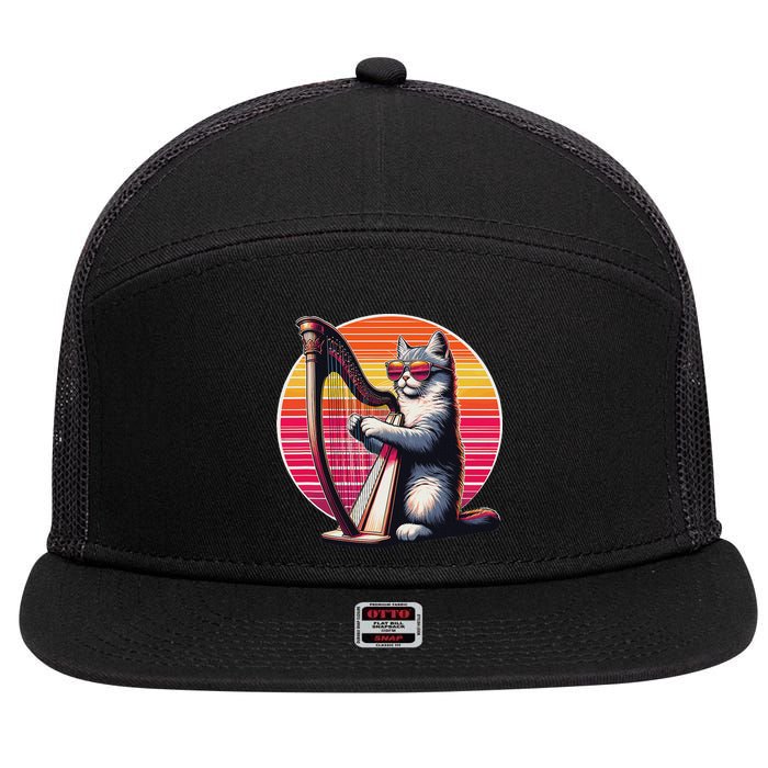 Musician Harpist Cat Wearing Sunglasses Cat Playing Harp 7 Panel Mesh Trucker Snapback Hat